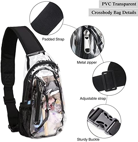 Clear Sling Bag Stadium Approved PVC Crossbody Shoulder Backpack Transparent Casual Chest Daypack for Women & Men Perfect for Hiking ,Stadium and Sport Event（Black）