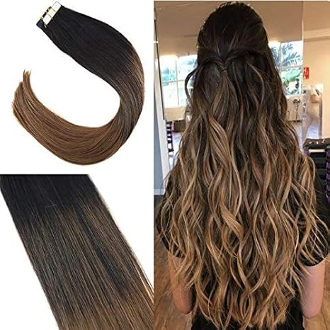 Sunny Remy Extensions Cheveux 20 Bandes Adhesives Rapide Balayage Naturel Noir Avec Brun 24pouce60cm Dip Dyed Tape Extensions De Cheveux Humains 50g