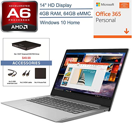 2020 Lenovo IdeaPad 14″ Laptop Computer, AMD A6-9220e 1.6GHz, 4GB Memory, 64GB eMMC Flash Memory, Microsoft Office 365, Platinum Gray, Windows 10 Home + EST External DVD+ Accessories