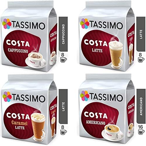 Tassimo Coffee Pods, Costa Flexible Bundle - Costa Latte, Costa Caramel Latte, Costa Cappuccino, Costa Americano - Pack of 4 (40 Servings - 56p per Serving)