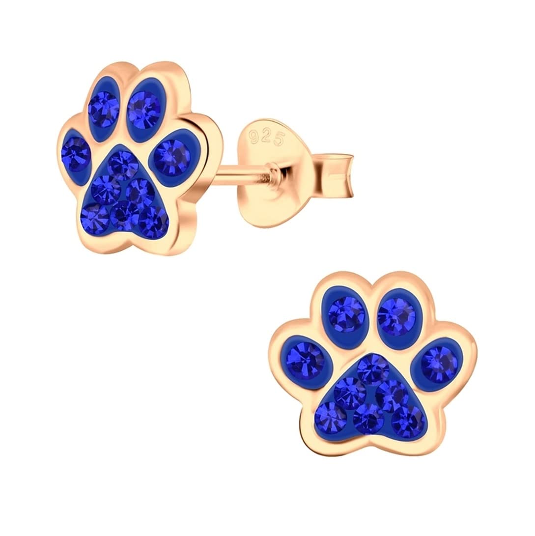 Paw Print Earrings .925 Sterling Silver with 18ct Rose Gold plate and Blue Crystal Stones Dog Cat Animal Lovers