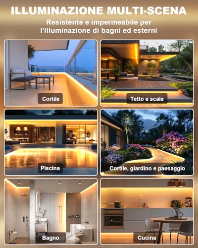Gliztech 15 m COB LED Strip IP68 Waterproof, 2700 K Self-Adhesive White LED Strip for Outdoors with 24 V Power Supply, BT APP and Remote Control for Gutters Garden Swimming Pool Terrace Kitchen