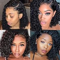 Hohaski New Lace Front Full Wigs, Brazilian Virgin Human Hair Curly Short Bob Water Wave Black Wig (14