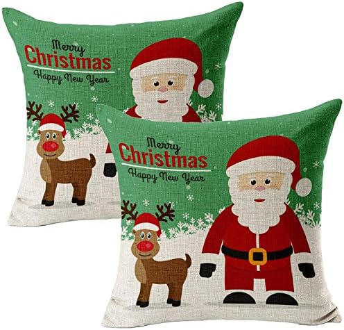 Totopark Pack of 2 Cotton Linen Christmas Pillow Covers,Decorative Sofa Square Pillow Cushion Cases 18" x 18" (Reindeer and Santa)