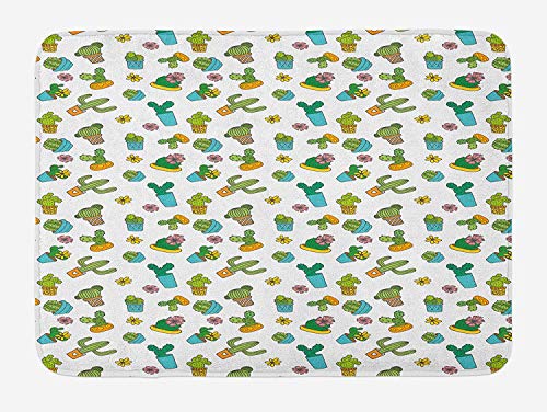 Cactus Bath Mat, Cartoon Flower Pattern with in Pots and Vases Vintage Inspired Ornamental Design, Plush Bathroom Decor Mat with Non Slip Backing, 23.6 W X 15.7 W Inches, Multicolor
