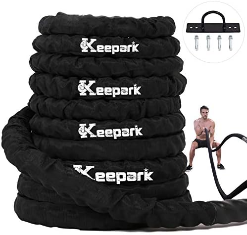 Keepark Battle Rope, Anchor Kit Included, Exercise Training with Polyester Cover, Available in 1.5"/2" Dia, 30/40/50ft. Core Strength Training, Cross fit, Gym, Fitness Exercise Training.