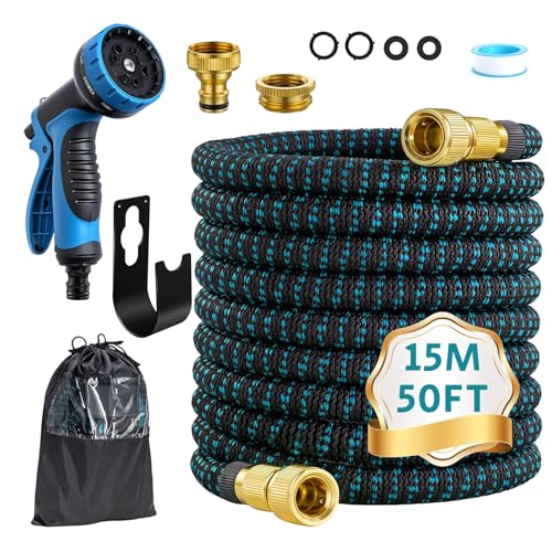 POP lina 15m Extendable Garden Water Hose with 1/2" and 3/4" Adapters with 10 Function Sprayer for Watering Irrigation Hose