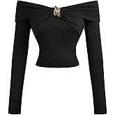 Floerns Women's Elegant Off The Shoulder Top Long Sleeve Ruched Fitted T Shirts Going Out Tops