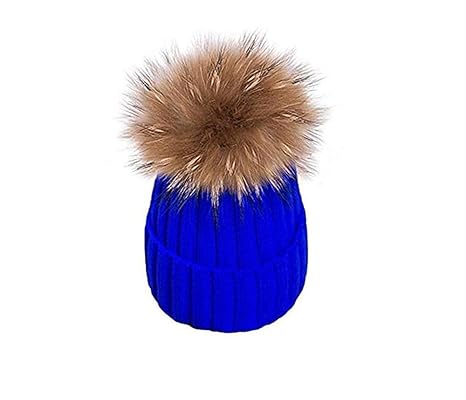 EXQULEG Warm Mütze, Echtfellbommel Pudelmütze,Winter-Mütze Bommelmütze Pelzbommel Waschbär Raccoon Pelz