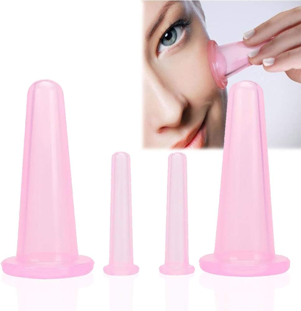 Apofly 4PCS/Pack Silicone Facial Massage Cupping Set Vacuum Massage Cups Anti-Wrinkle and Anti-Aging Face and Eye Cupping Natural Skin Care Beauty Tool Kit (Pink)