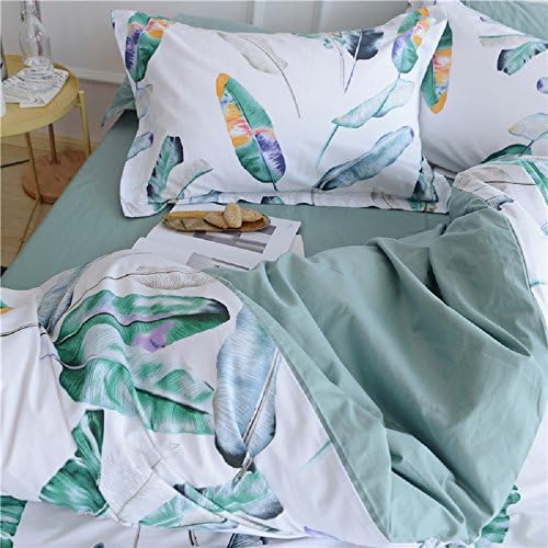 Jane yre Tree Leaves Duvet Cover Set, 100% Cotton Bedding, Green Plant Leaves Pattern Printed on White, with Zipper Closure (3pcs, Queen Size)