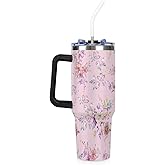 Flowers Tumbler with Handle and Straw, Winter Partner Stainless Steel Water Bottle, Thermal Cup for Hot and Cold Drinks, Present for Teens Women, 40oz