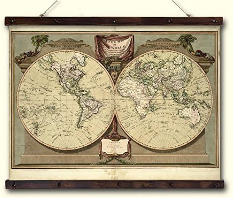 Old Historical Map Print on Canvas, Map of the World Canvas Wall Decor with Wooden Slats, Aged Canvas Map Print, Pull down World Map. Size: 27,6x20,1 in (70x51 cm.)