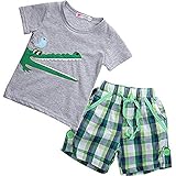 2Pcs Toddler Kids Boys Summer Cartoon Crocodile T-shirt Tops Plaid Shorts Outfits Set Clothes