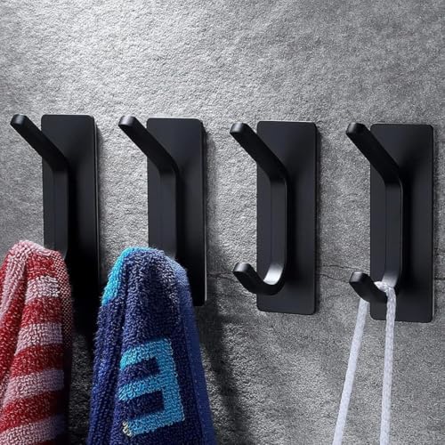 AMROAH 4pcs Stainless Steel Adhesive Hooks Wall Mounted, Heavy Duty Storage Wall Mount Hooks for Hanging Coat Clothes Towels Hat Bags for Home Entryway Bathroom Bedroom Kitchen Living Room (Black)
