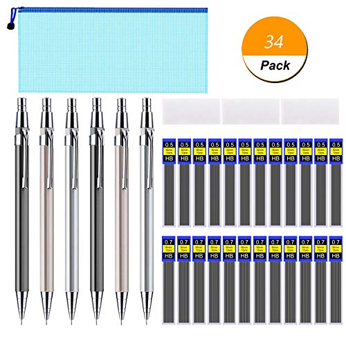 Mechanical Pencil Set, 6 Pieces Drafting Mechanical Pens and 24 Tubes Lead Refills with 3 Pack Erasers and a A6 bag for Office and School