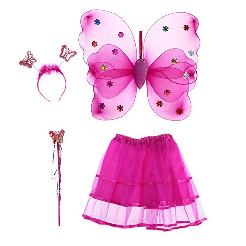 Tinksky 4pcs/set Angle Girls Fairy Costumes Dual-layer Headband Wand Tutu Skirt Set, Christmas Birthday Gift for Children(Rose Red)