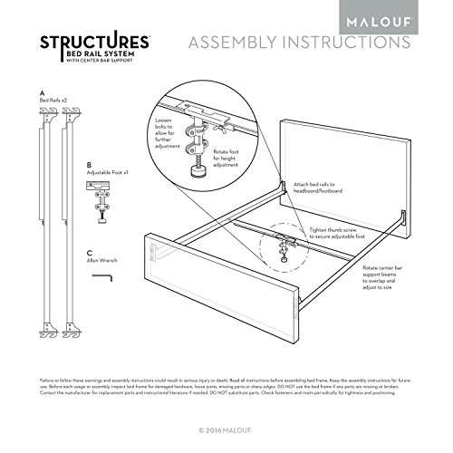 MALOUF Structures Hook-on Metal Bed Rails with Center Bar and Adjustable Height Support Foot, Twin/Full, Black
