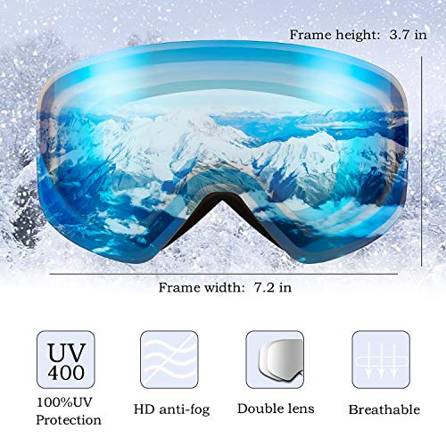 Karsaer Ski Goggles Snowboard Snow Goggles OTG Magnet Dual Layers Lens UV Protection Anti-Fog UV Protection Scratch Resistant Anti-Slip Strap for Men Women