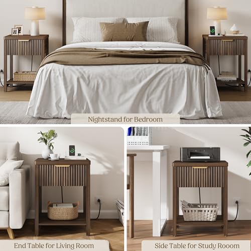 Lulive Night Stand Set 2, Fluted Nightstand with Charging Station, Wood Modern Bedside End Table with Storage Drawer for Bedroom, Save Space (Set of 2, Walnut)