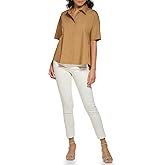 Calvin Klein Womens Poplin Hi Lo Short Sleeve Button Down Blouse