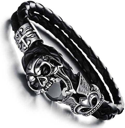 Punk Rock Skull Crystal Double Layer Handmade Leather Weaved Man Bracelets Fashion Wristband Stainless Steel Bracelet (20)