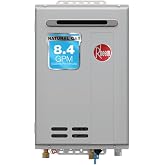 Rheem RTG Series 8.4 GPM Natural Gas Tankless Water Heater Outdoor | 180,000 BTUs High Efficiency On Demand, Continuous Hot Water | Non-Condensing