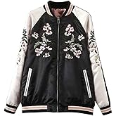 Viport Women's Floral Phoenix Embroidered Reversible Bomber Jacket Black Red