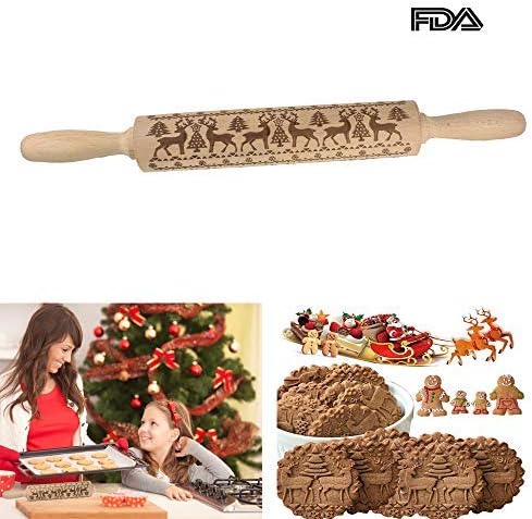 Wood Rolling Pins for Baking Embossed Professional Dough Roller for Cookies with Patterns(16.9"x1.97'')