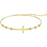 MUUYON Solid 14K Gold Cross Bracelet for Women, Real Yellow Gold Adjustable Cross Bracelets Religious Jewelry Gift for Her