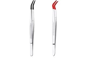 2pcs Bent Tweezers with Rubber Tips, Curved Tip Tweezers Stainless Steel Gem Stamp Tweezers Non-Slip Long Crafting Tweezers T