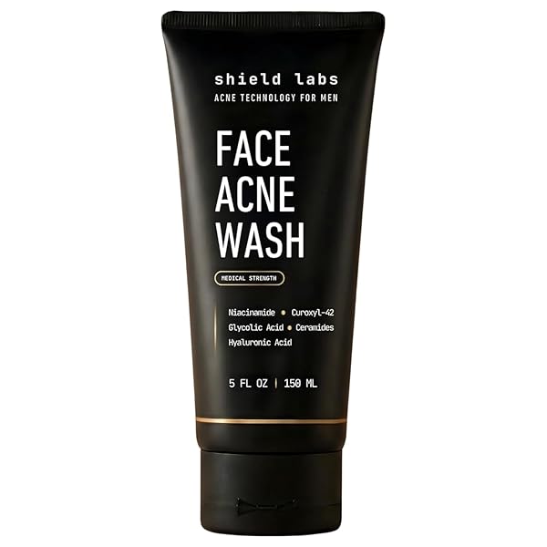 SHIELD FACE ACNE WASH FOR MEN AND BOYS, CUROXYL-42 FACE WASH TO CLEAR, TREAT, AND PREVENT ACNE, GENTLE FORMULA WITH NIACINAMIDE, HYALURONIC ACID, AND CERAMIDES, UNSCENTED, 5.1 OZ, PACK OF 1
