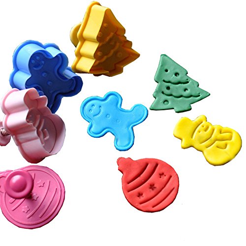 Christmas Themed Cookie Cutter Set By Garloy(4 Pack),Cute Cookies Cake Topper Sugar Craft Chocolate Decorating Plunger Cutter Mold,Spring-loaded Handle, Food Safe Plastic(Colors May Vary)