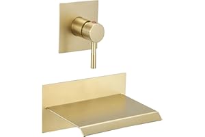 BWE Wall Mount Bathtub Faucet Brushed Gold Single Handle Modern Bathtub Faucet with Rough in Valve High Flow Filler Waterfall Tub Spout