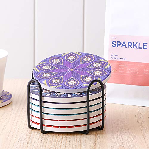 image for LIFVER Absorbent Drink Coasters with Holder, Set of 8 Mandala Style Ce