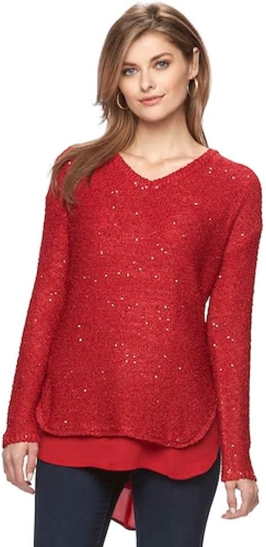 Women's APT9 Sequin VNeck Sweater (XSmall, Tango Red) at Amazon