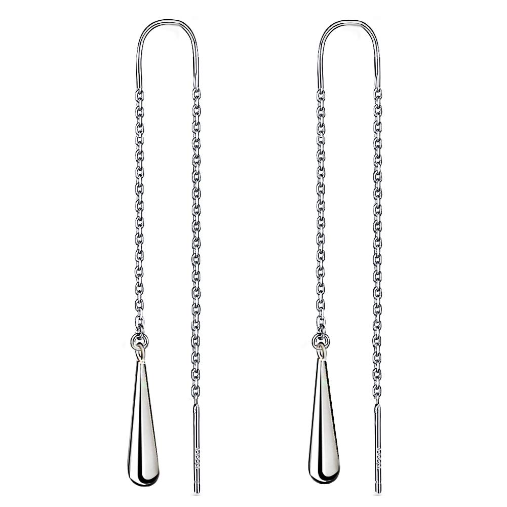 Meyiert 925 Sterling Silver Teardrop Drop Needle Drop Threader Pull Through Earrings for Womens (White)