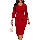 Ophestin Midi Dresses for Women Work Bodycon Pencil Dress Peplum 3/4 Sleeve V Neck Office Church Cocktail Sheath Dress