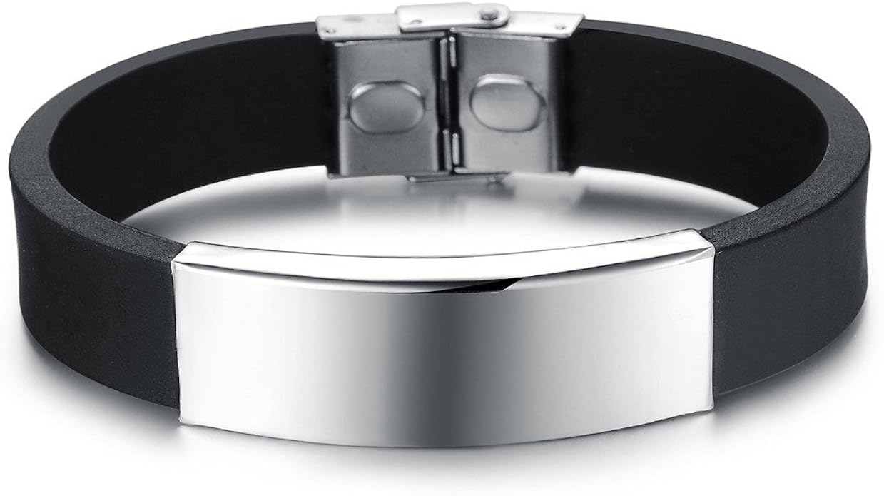 Amazon Co Jp ステンレススチールリストバンドブレスレットcustomized Engravingブラックシリコンゴム バングルpersonlized名前id ジュエリー