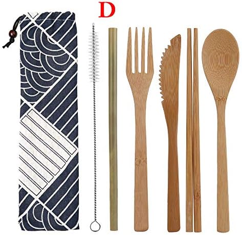 vivimix Tableware Dinnerware Set Wooden Bamboo Cutlery Fork Spoon Straws for Travel Home & Kitchen Outdoor Camping(D)