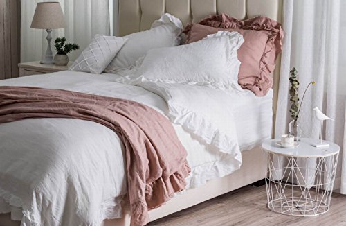 MEADOW PARK Stone Washed Pure Linen Duvet Cover Set 3 Pieces, Queen Size - 90 inches x 94 inches - Shams 20 inches x 26 inches, Double Ruffled Style - Corner Ties - Super Soft, White