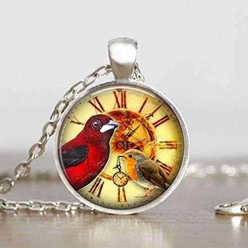 Red Bird Pendant Steampunk Necklace Round Handmade Jewelry