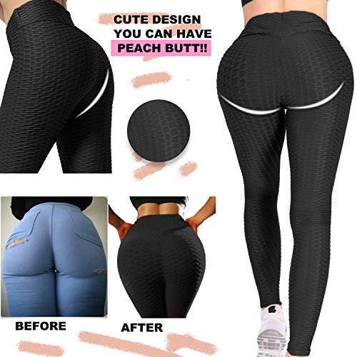 Women\'s High Waist Yoga Pants - Tummy Control Slimming Booty Leggings Workout Running Butt Lift Textured Tights Black