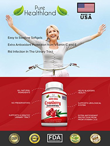 Non GMO Cranberry Concentrate Supplement Pills for Urinary Tract Infection UTI. Equals 12600mg Cranberries. Triple Strength Kidney Bladder Health for Men & Women. Easy to Swallow Softgels, 6 Bottles