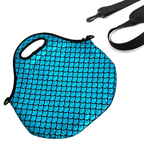 Insulated Lunch Bag, Neoprene Shoulder Lunch Tote Boxes Bags for Women Men Kids Work Office Outdoor Picnic Travel, Mermaid Scale (Blue)