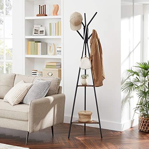 Cabide, cabide, cabide, chapéu e cabide, estilo industrial, com 2 prateleiras, para roupa, chapéus, saco, castanho rústico e preto RCR16BXV1