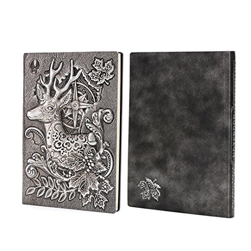 Retro Embossed Leather Notepad Owl Hardcover Lined A5 Composition Notebook Vintage Handcraft Antique Diary Embossed PU Leather Travel Journals (Silver Deer)