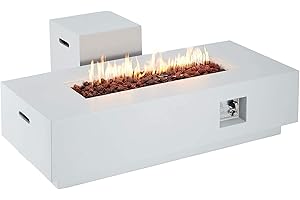 ECOTOUGE 2-Piece 56" Outdoor Rectangle Propane Fire Pit Table with Tank Holder, 50,000 BTU Concrete Fire Table with Waterproof Cover, Auto-Ignition, Free Lava Rocks, Fits 20lb Tank, Metal Lid, White