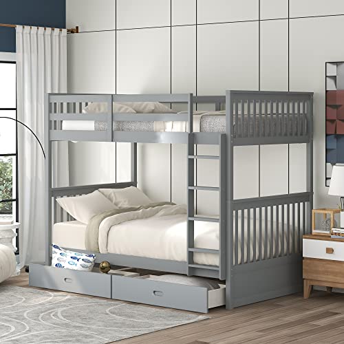 Twin Bunk Beds with Storage Drawers, Detachable Solid Wood Twin Over