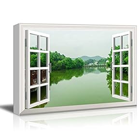 Window Peering into a Peaceful River with Luscious Trees